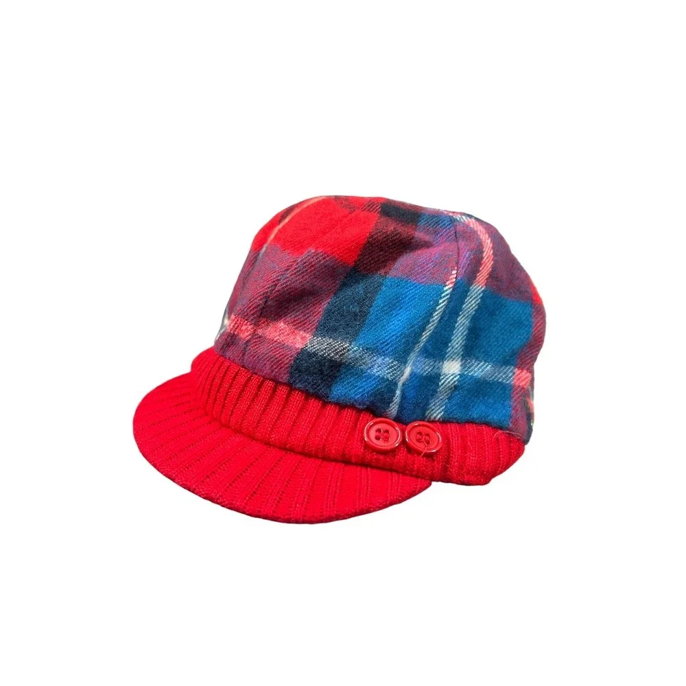 Vintage‎ Plaid Newsboy Cap Red Blue Fall Retro Preppy Indie 90s Funky Eclectic